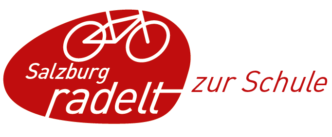 Logo von Salzburg radelt zur Schule: Fahrrad und "Salzburg radelt" Schrift auf rotem Hintergrund rechts daneben Roter "zur schule" Schriftzug
